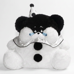 A plush cat shaped toy styled like a crying  Pierrot french clown, with black and white fur, a black-and-white polka-dot party hat, a shiny silver collar, and blue teardrop embellishments on a plain white background.